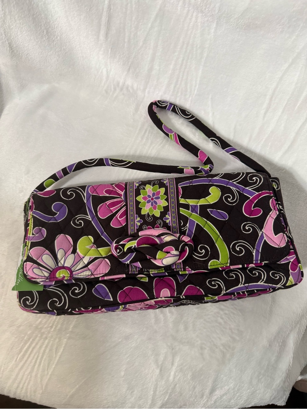 Vera Bradley Black Floral Quilted Wristlet with Pink and Green Accents